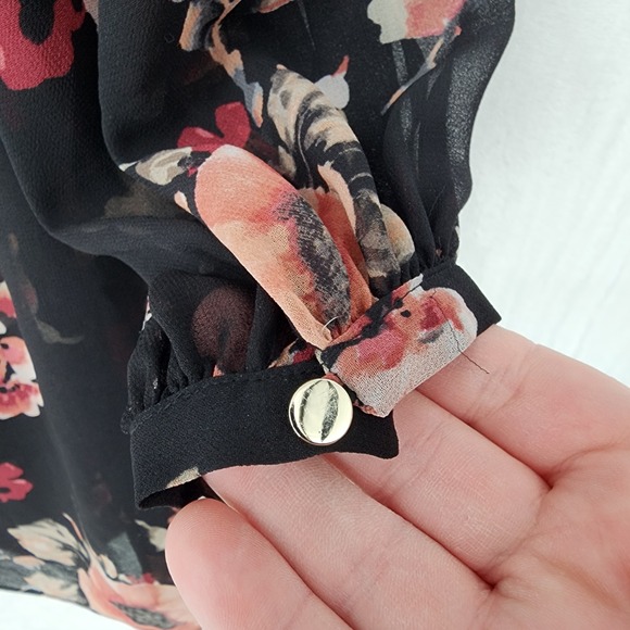 White House Black Market Floral Mock Neck Ruffle Sleeve Shift Dress Black XS - Picture 5 of 9